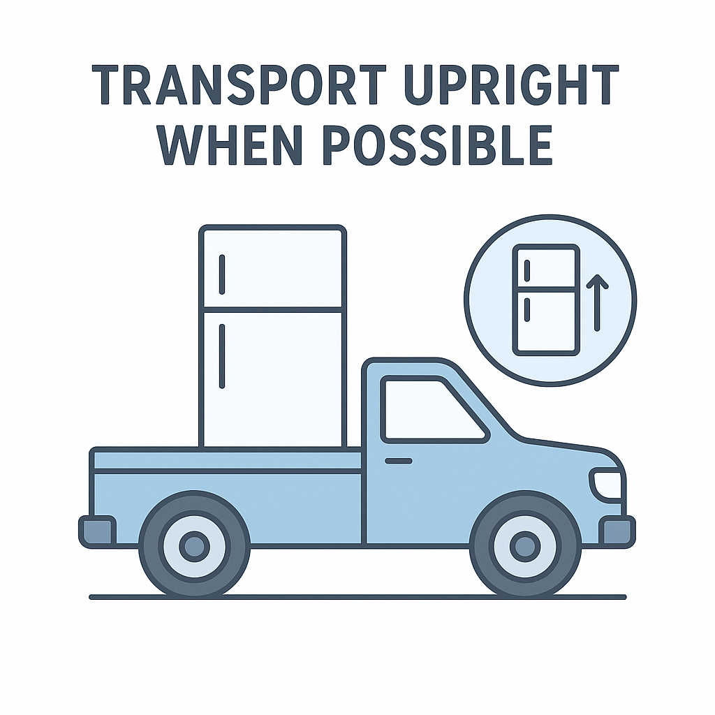Illustration showing proper appliance transport positioning in a truck bed