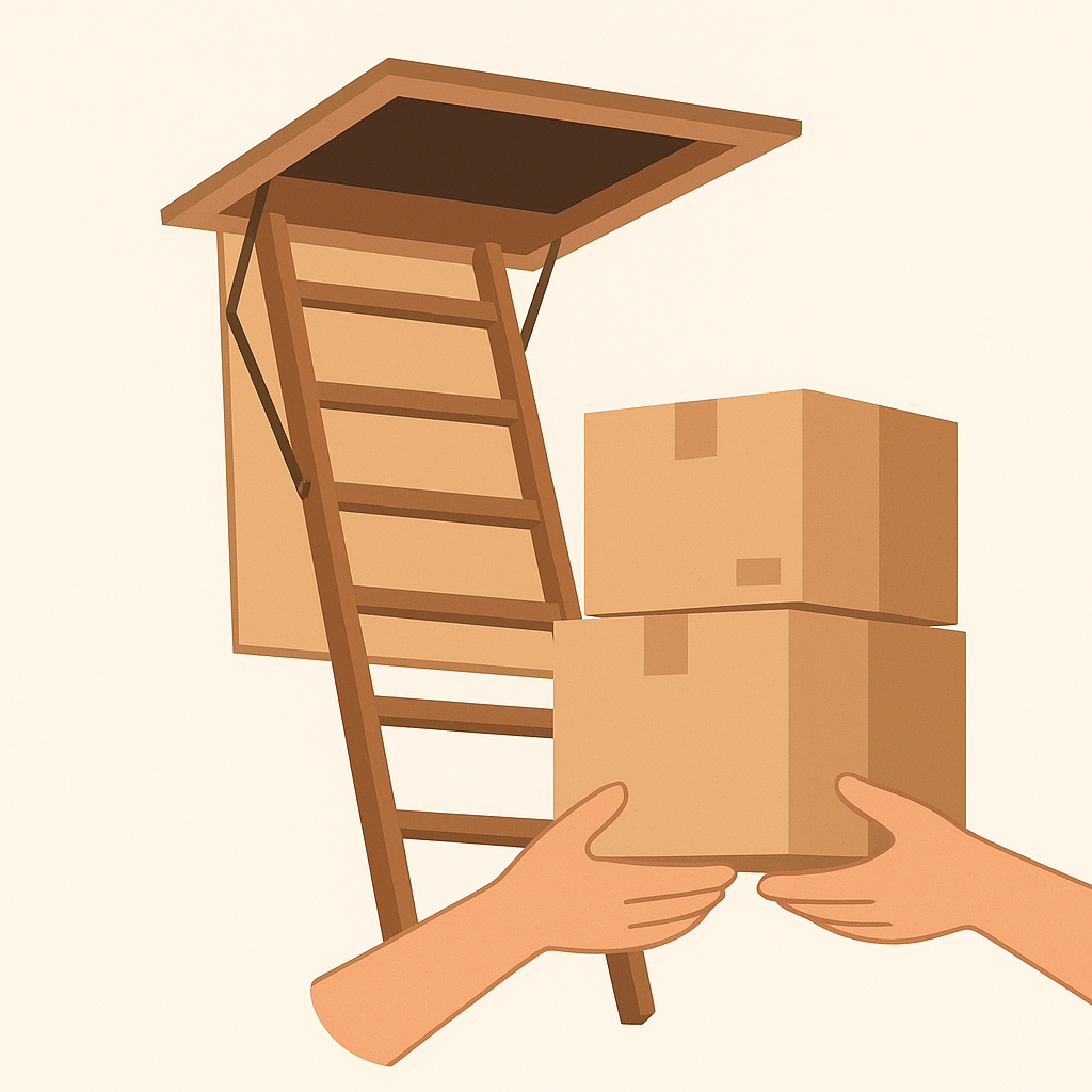 Illustration of attic access hatch with boxes being lowered
