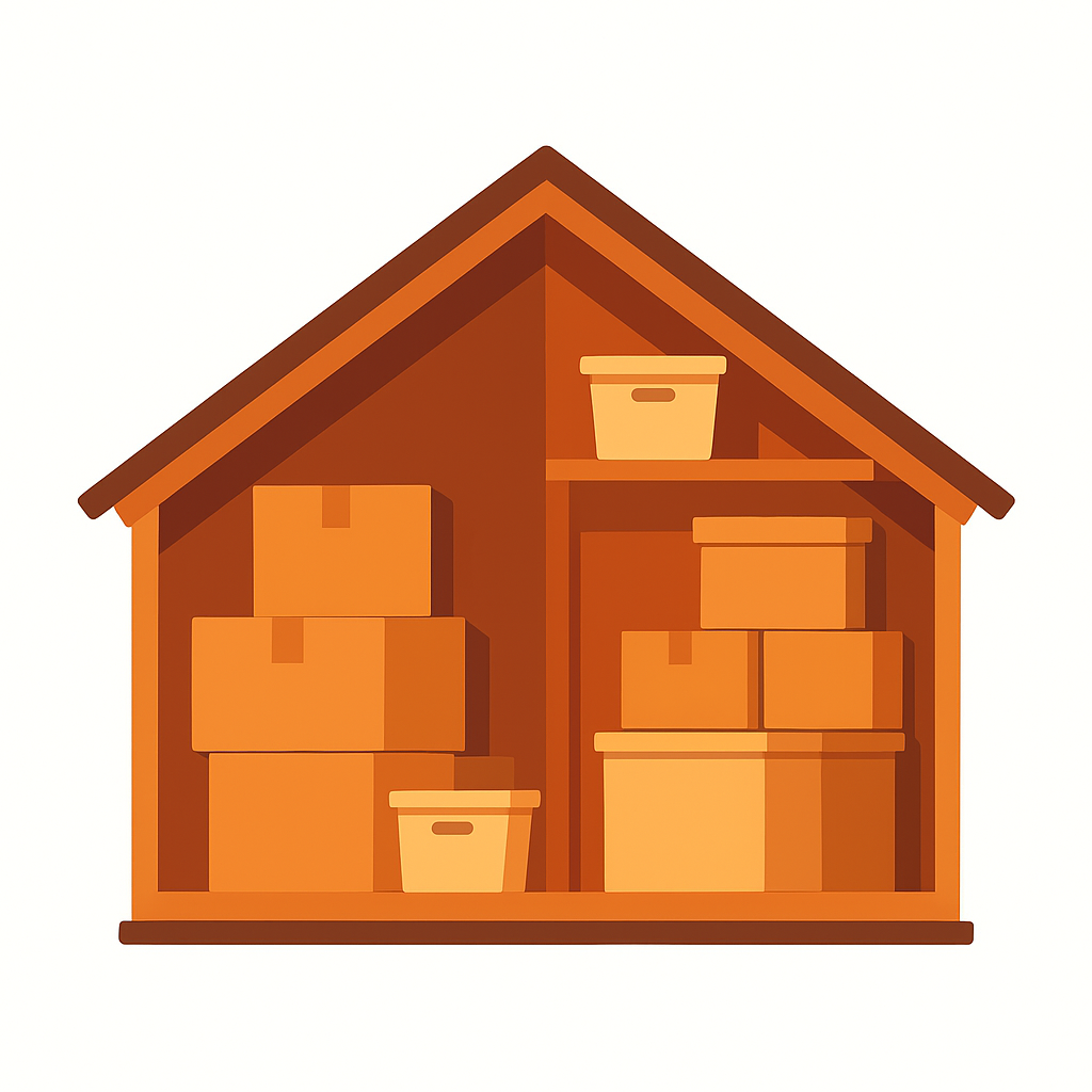 Illustration of cluttered residential attic with stacked boxes