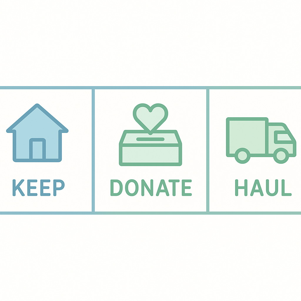 Sorting zones diagram showing keep donate and haul categories