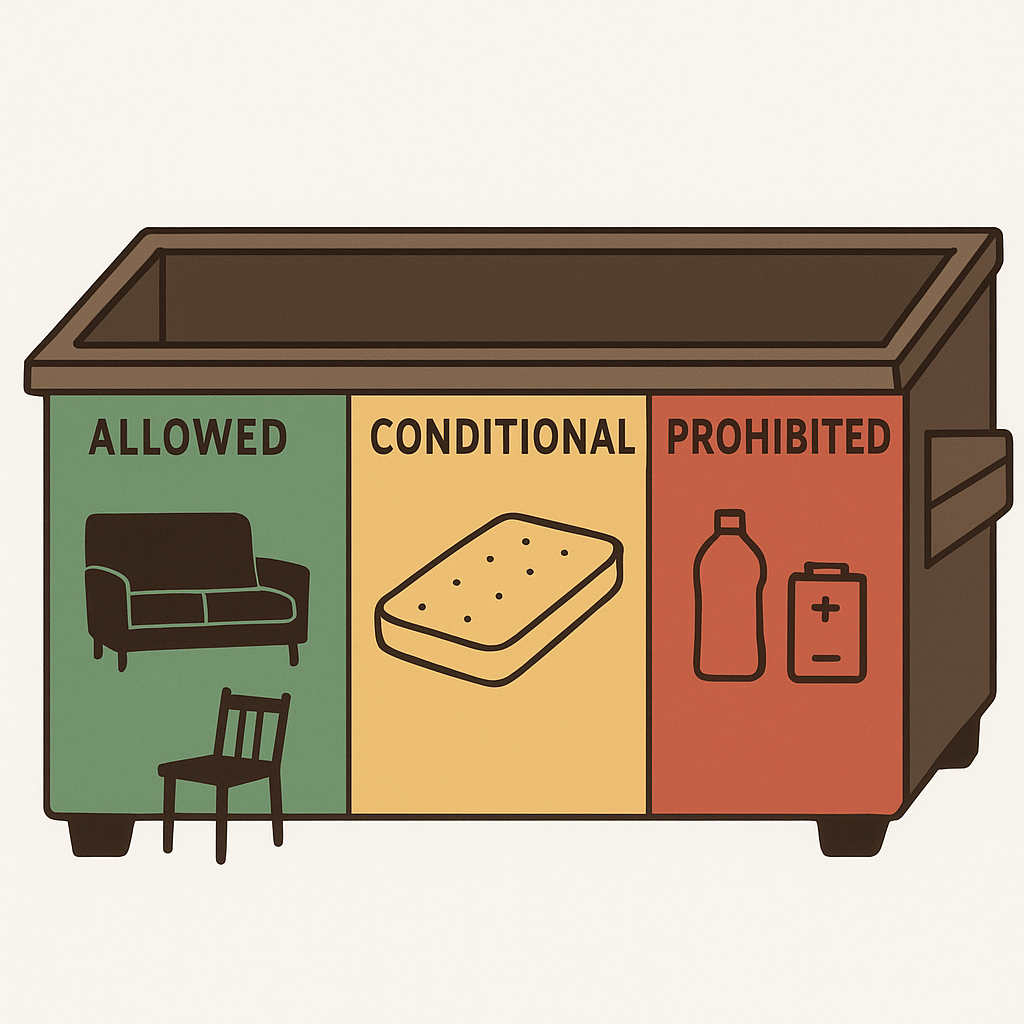 Diagram showing allowed, conditional, and prohibited dumpster items