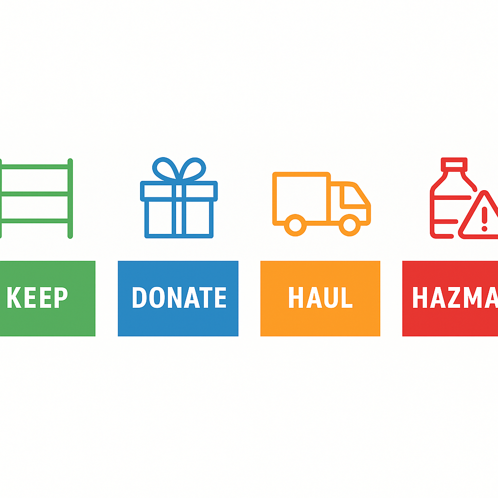 Four-zone garage decluttering system showing Keep Donate Haul and Hazmat areas