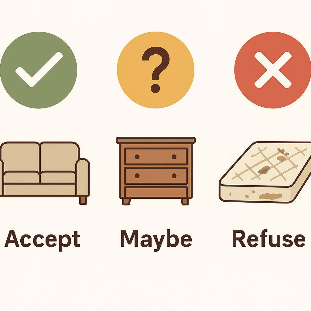 Furniture donation sorting diagram showing accepted, conditional, and refused categories