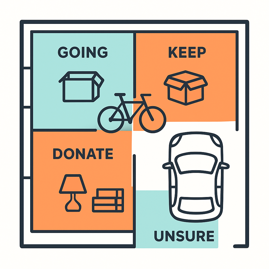 Four-zone garage staging method diagram for cleanout prep