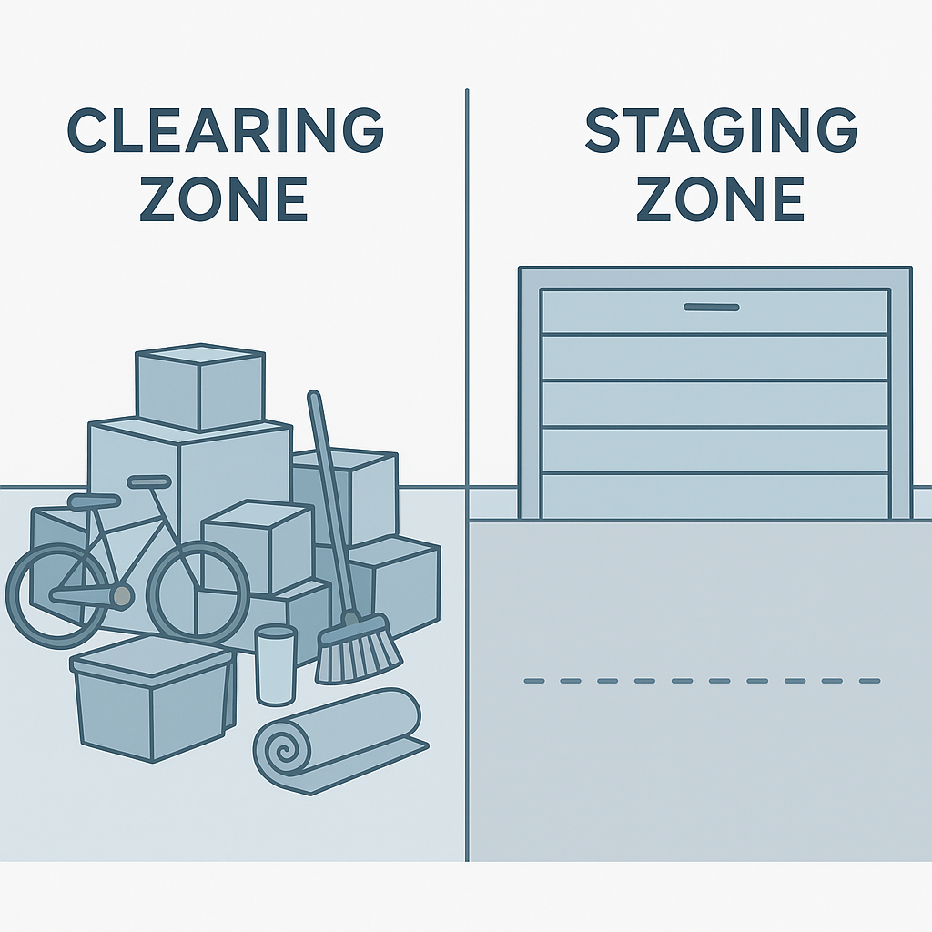 Garage floor clearing strategy showing items moved to one side creating staging zone