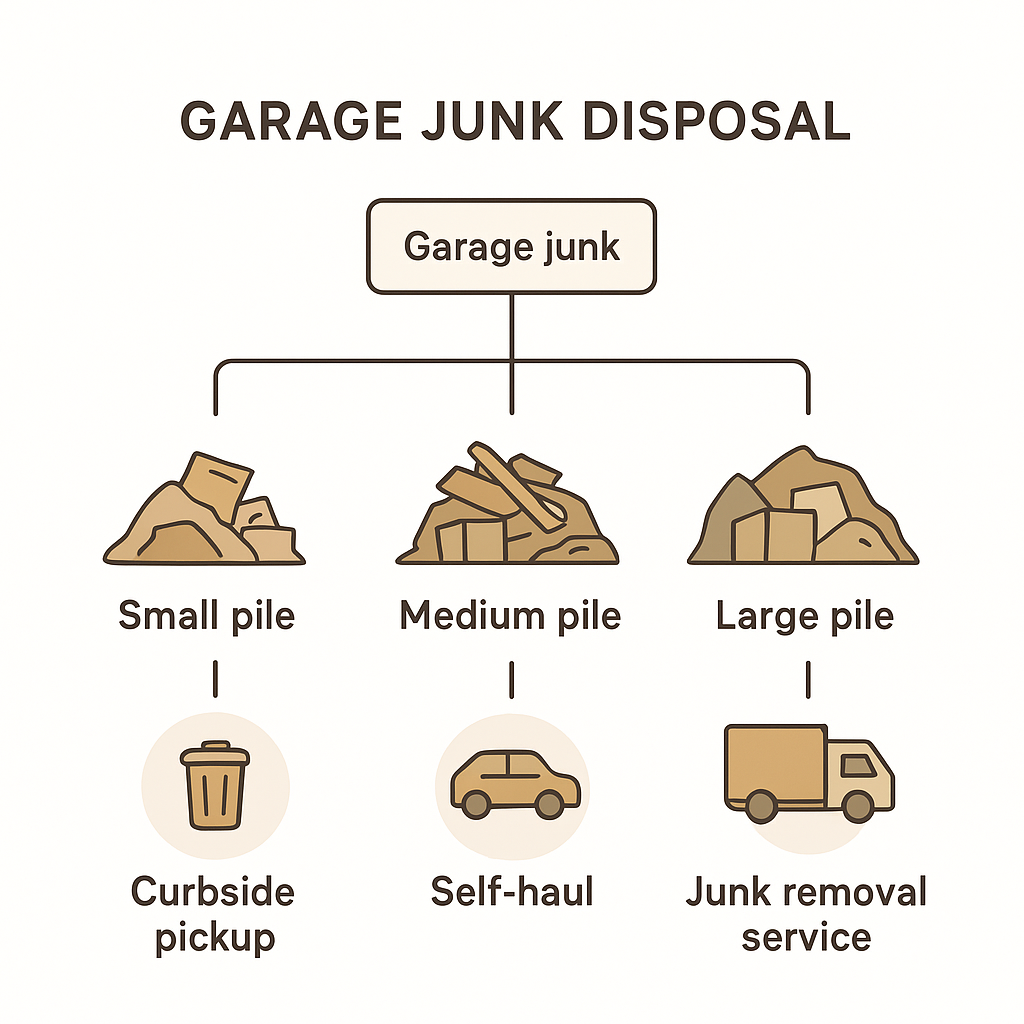 Decision flowchart for choosing garage junk disposal method based on pile size