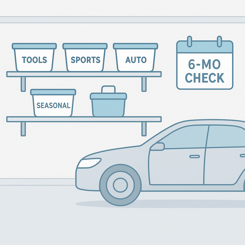 Organized garage with maintenance schedule reminder for ongoing decluttering