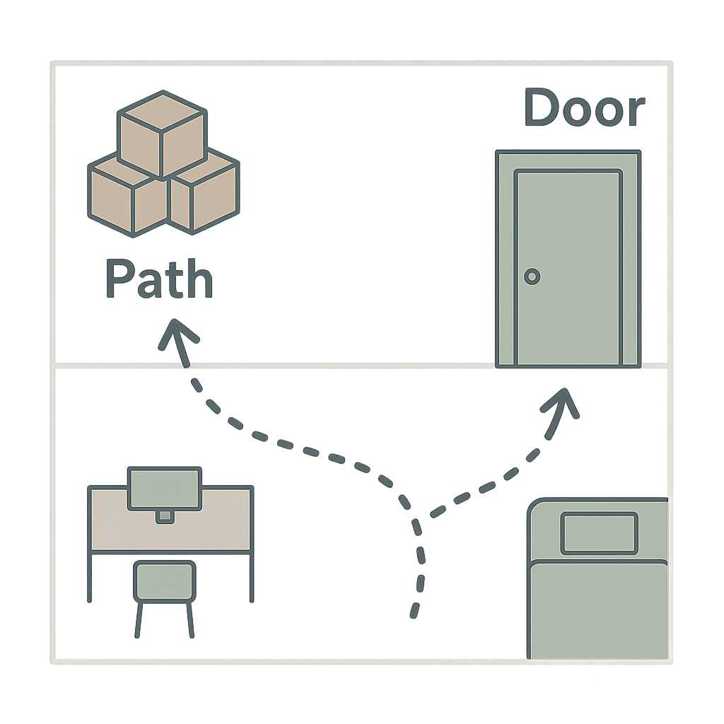 Diagram showing clear walking path from junk pile to door for removal crew