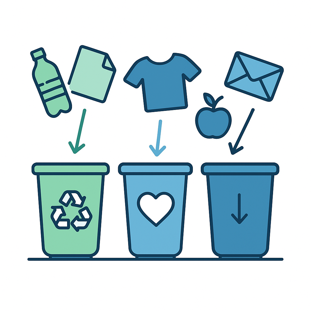 Junk sorting concept showing recycling donation and disposal streams