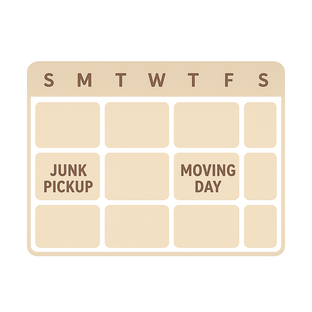 Calendar showing junk pickup scheduled several days before moving day
