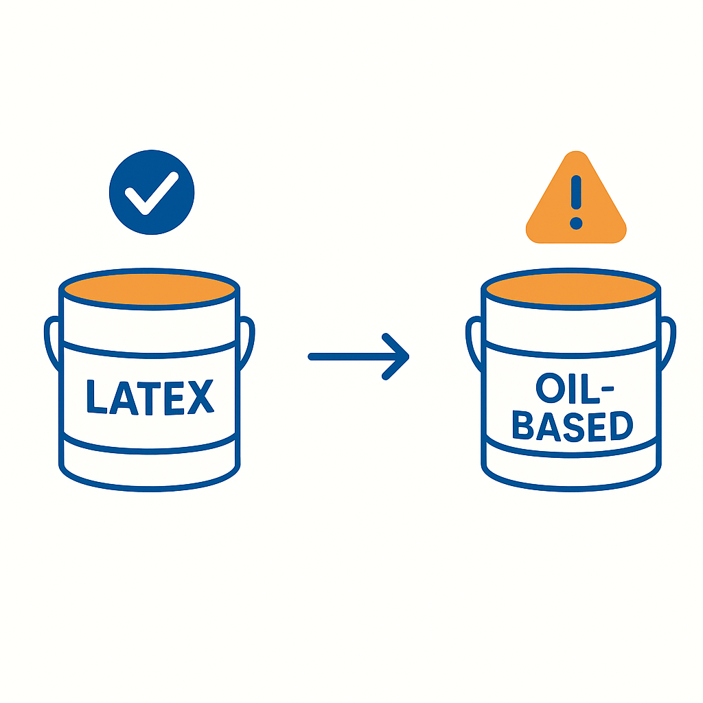 Diagram showing latex paint disposal in trash versus oil-based paint requiring hazardous waste