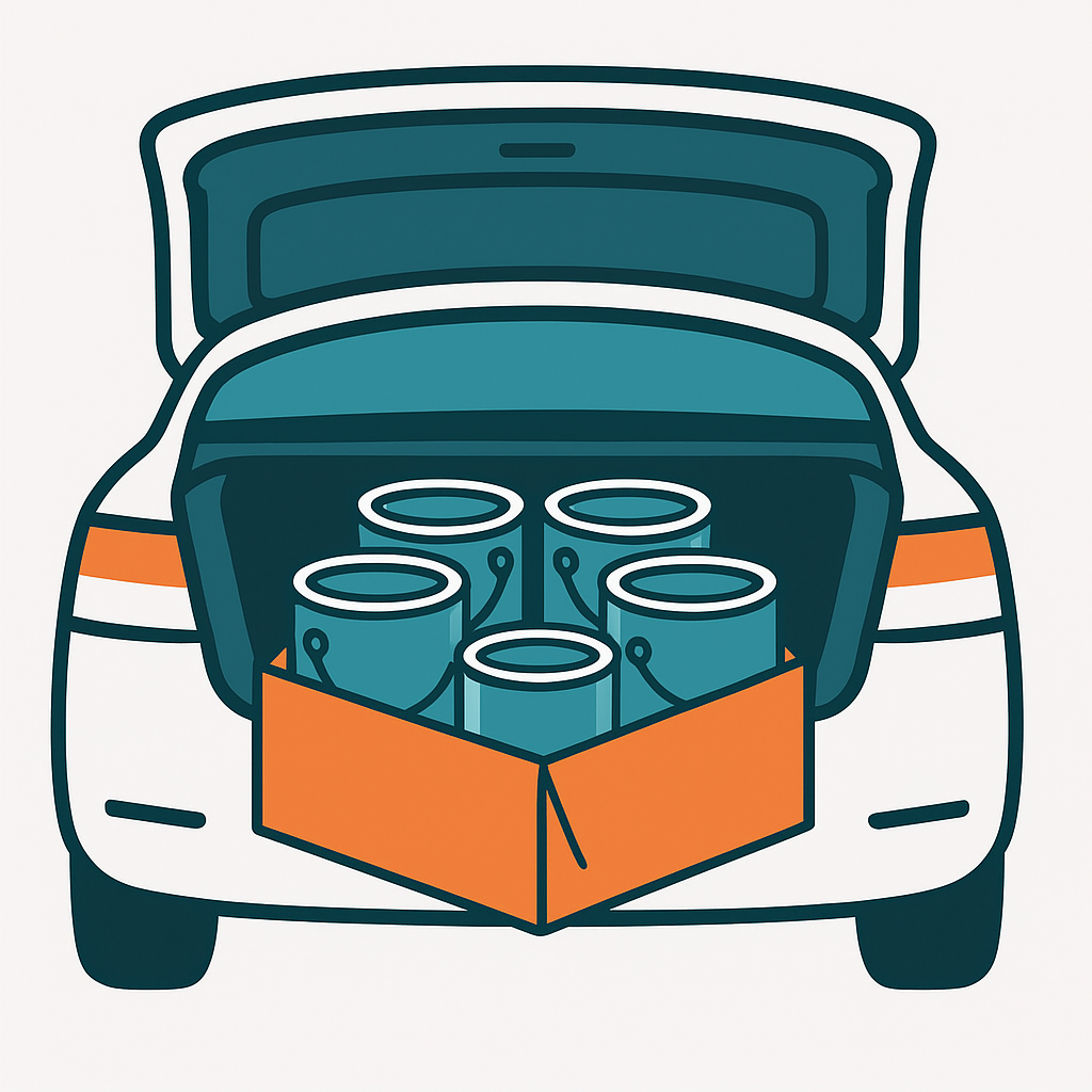 Illustration showing safe transport of paint cans in vehicle trunk