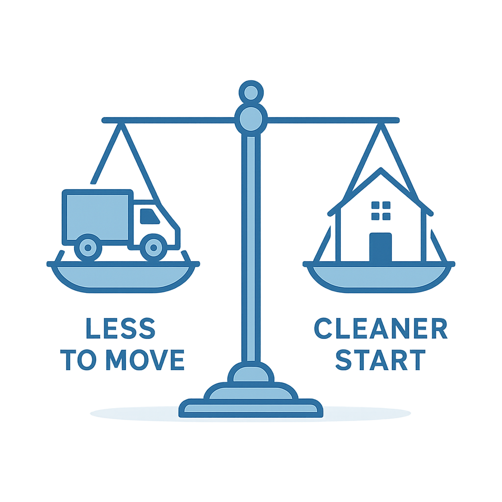 Balance scale showing less to move equals cleaner start at new home