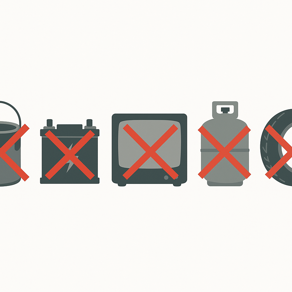 Prohibited dumpster items including paint batteries electronics propane tires