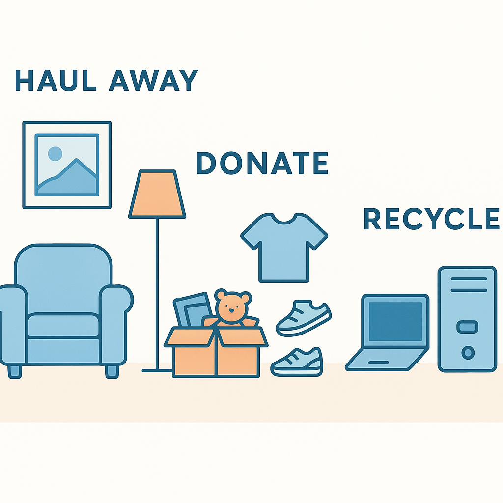 Illustrated room showing turnover cleanout zones for hauling, donating, and recycling