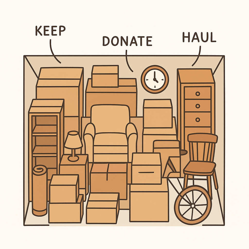 Top-down illustration of packed storage unit with sorting zones marked