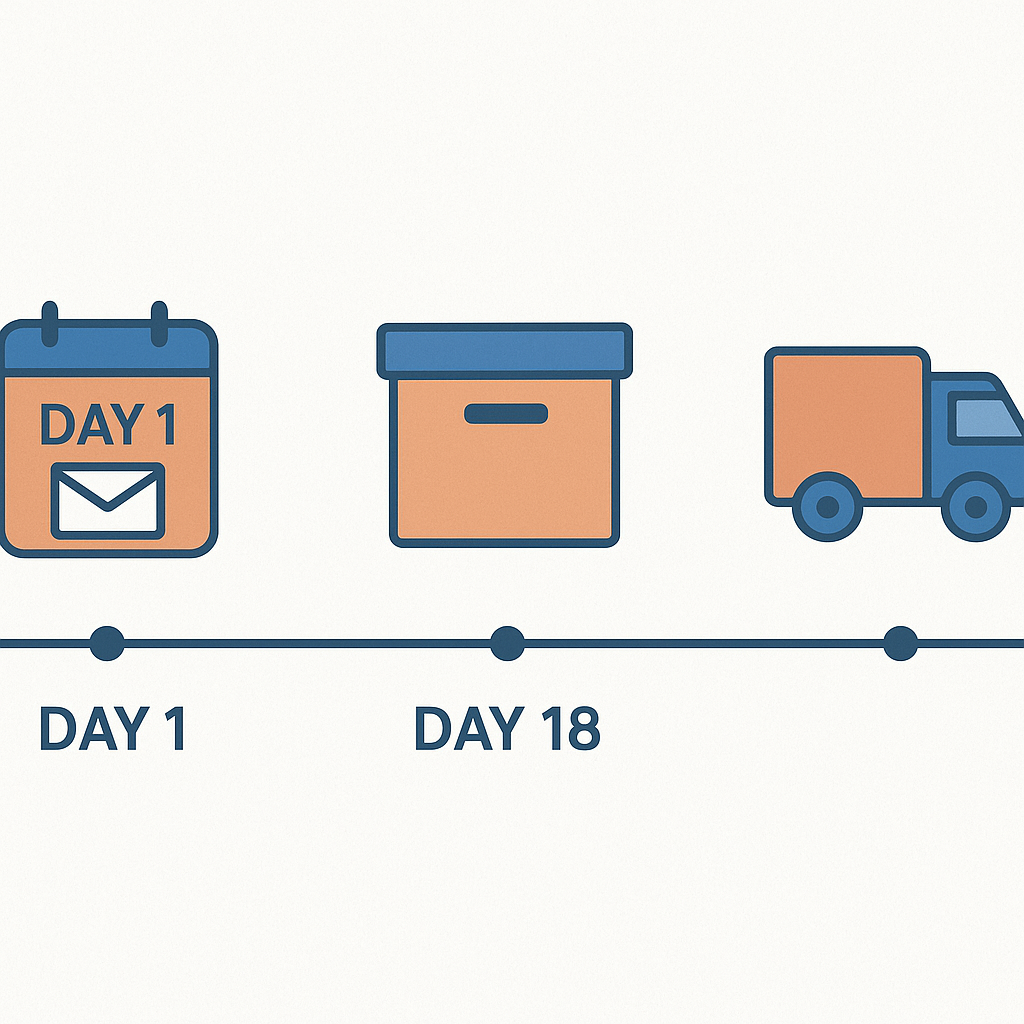 Timeline showing 18-day tenant belongings storage requirement before disposal