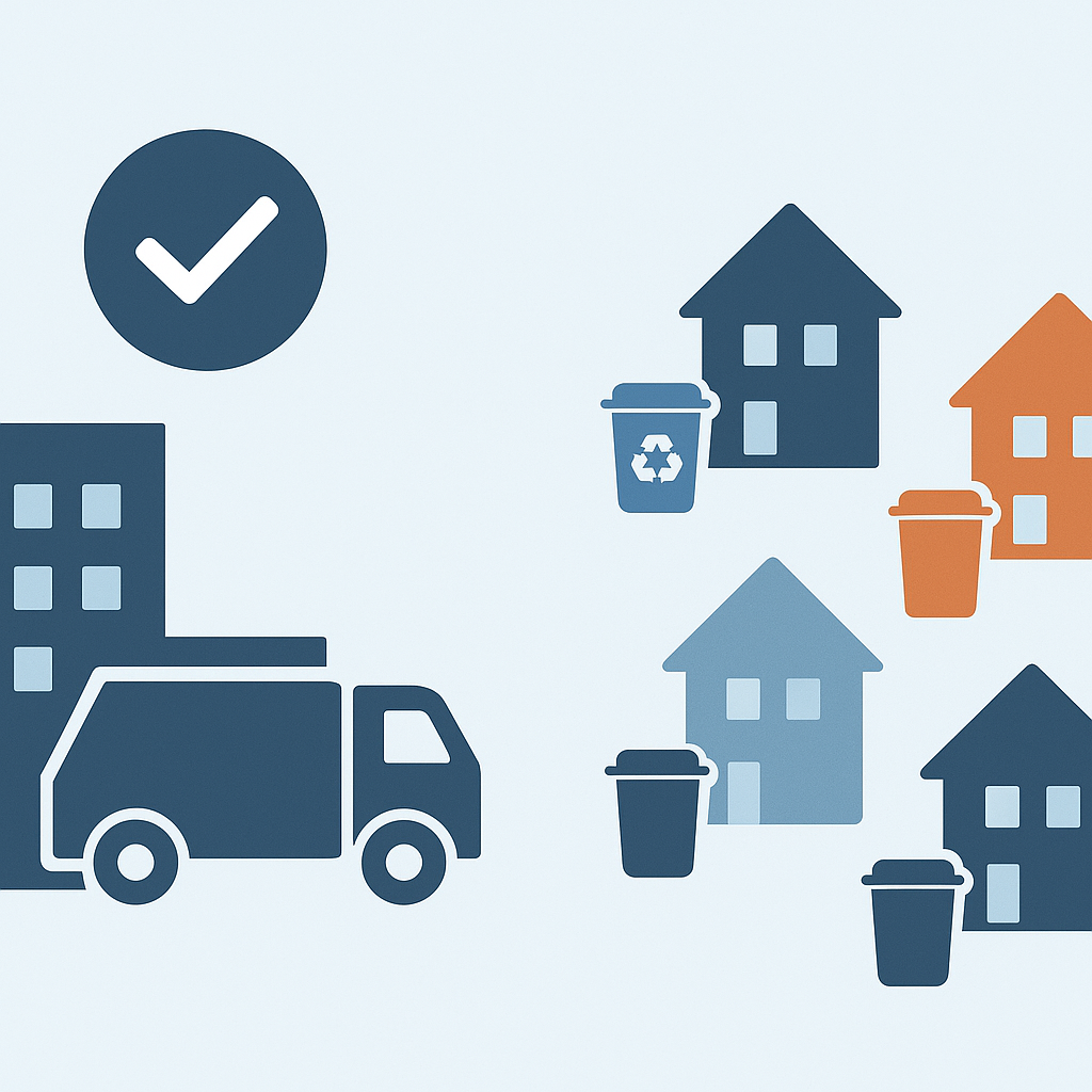 Illustration comparing centralized city junk pickup versus fragmented suburban disposal systems
