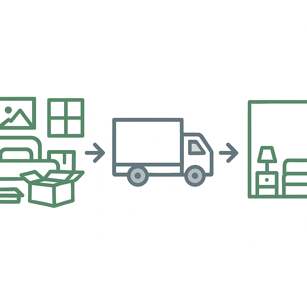 Three-step cleanout process from cluttered room to truck to clean space