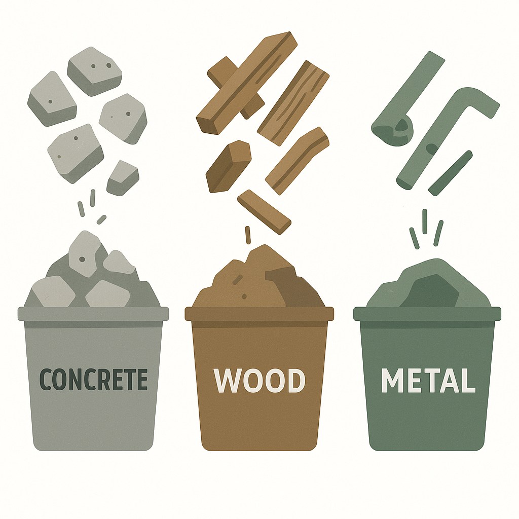 Construction debris sorting diagram showing concrete, wood, and metal separation streams