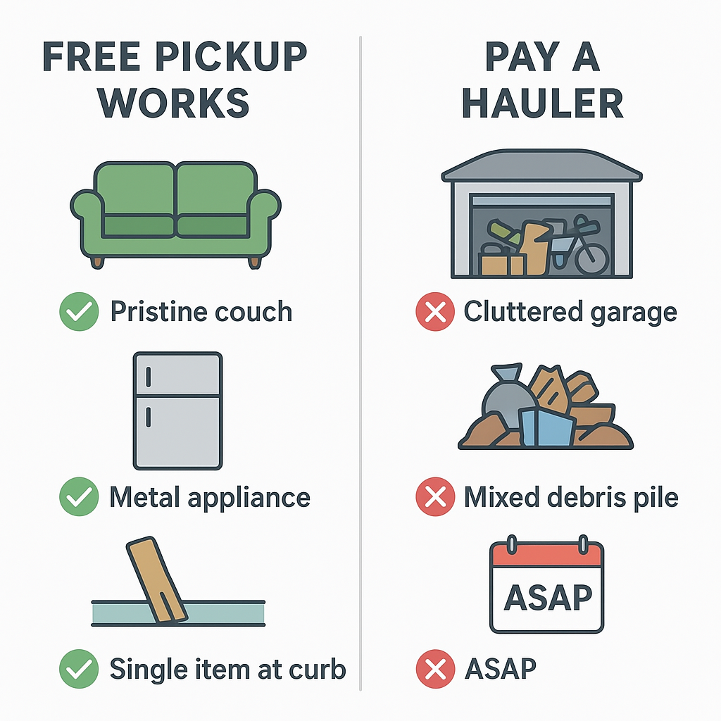 Checklist showing when free junk pickup works versus when to hire a hauler