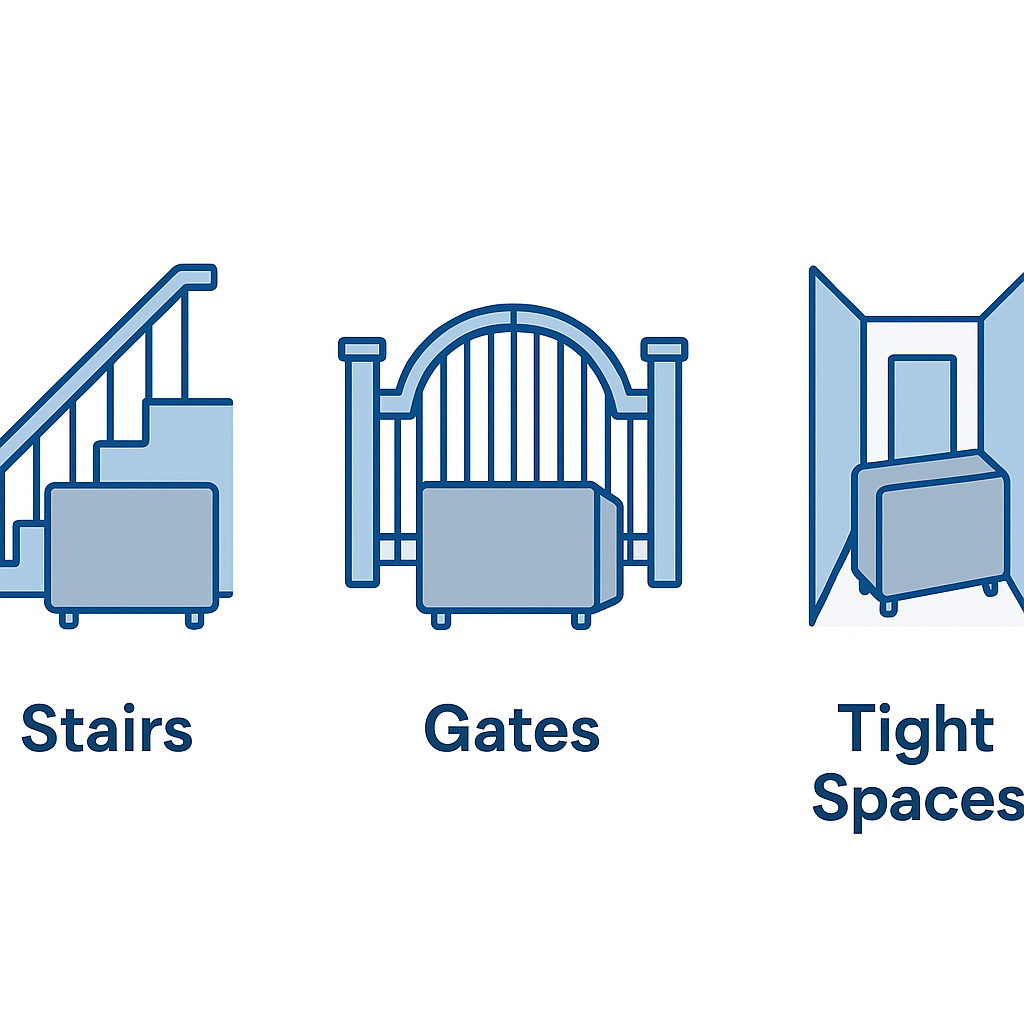 Furniture removal logistics including stairs gates and tight spaces