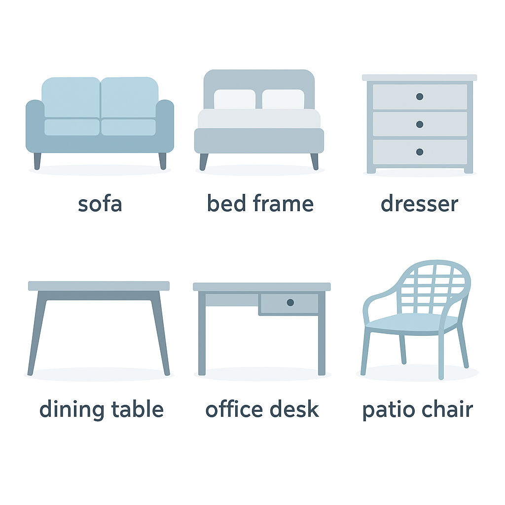 Common furniture items removed in Orange County including sofas beds dressers tables