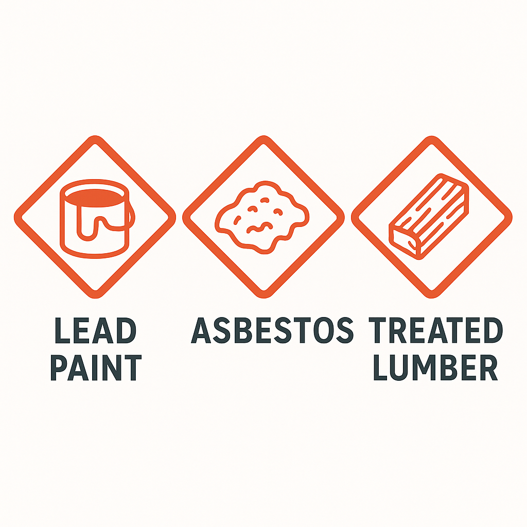 Hazardous construction materials warning diagram showing lead paint, asbestos, and treated lumber