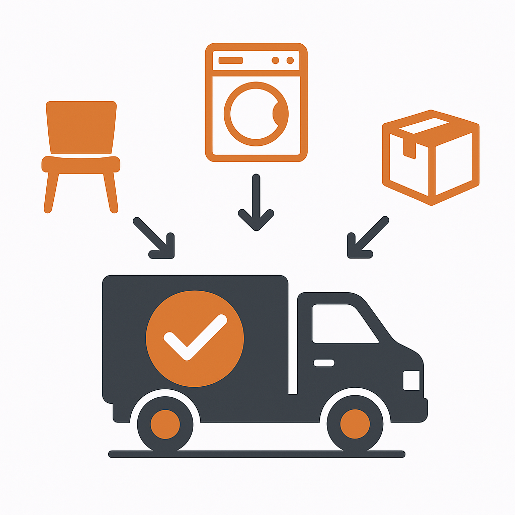 Illustration showing various junk items routing to a professional hauling truck