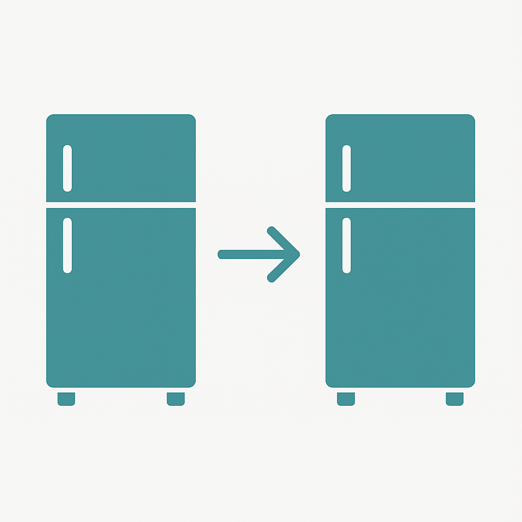 Illustration showing old refrigerator removal timing with new appliance arrival