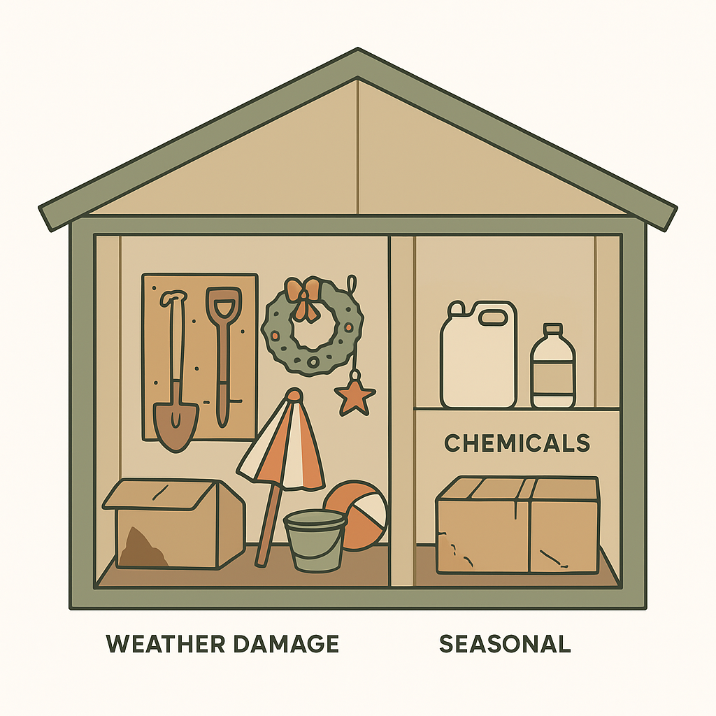 Illustration showing shed storage categories including weather-damaged items and chemicals
