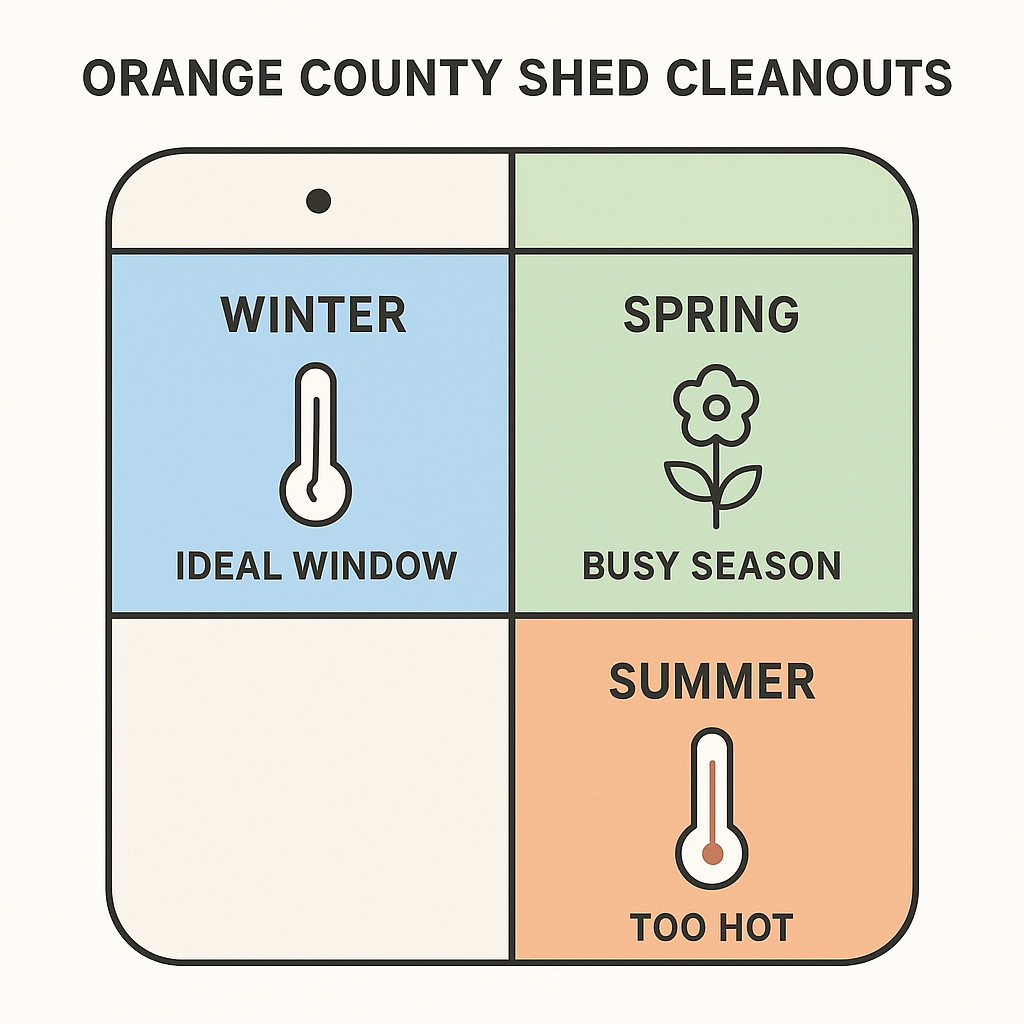 Illustration showing best seasons for shed cleanout in Orange County