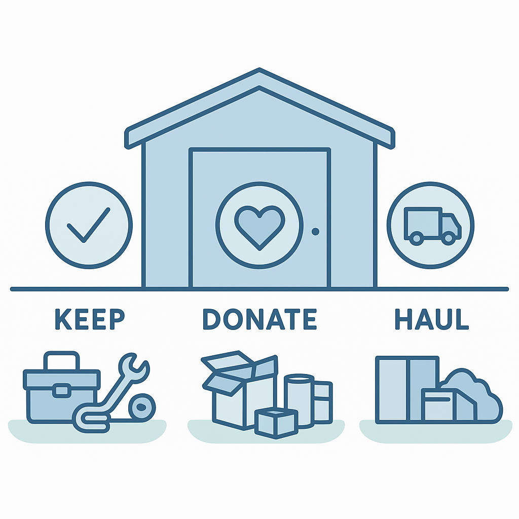 Illustration showing three-zone sorting system for shed cleanout