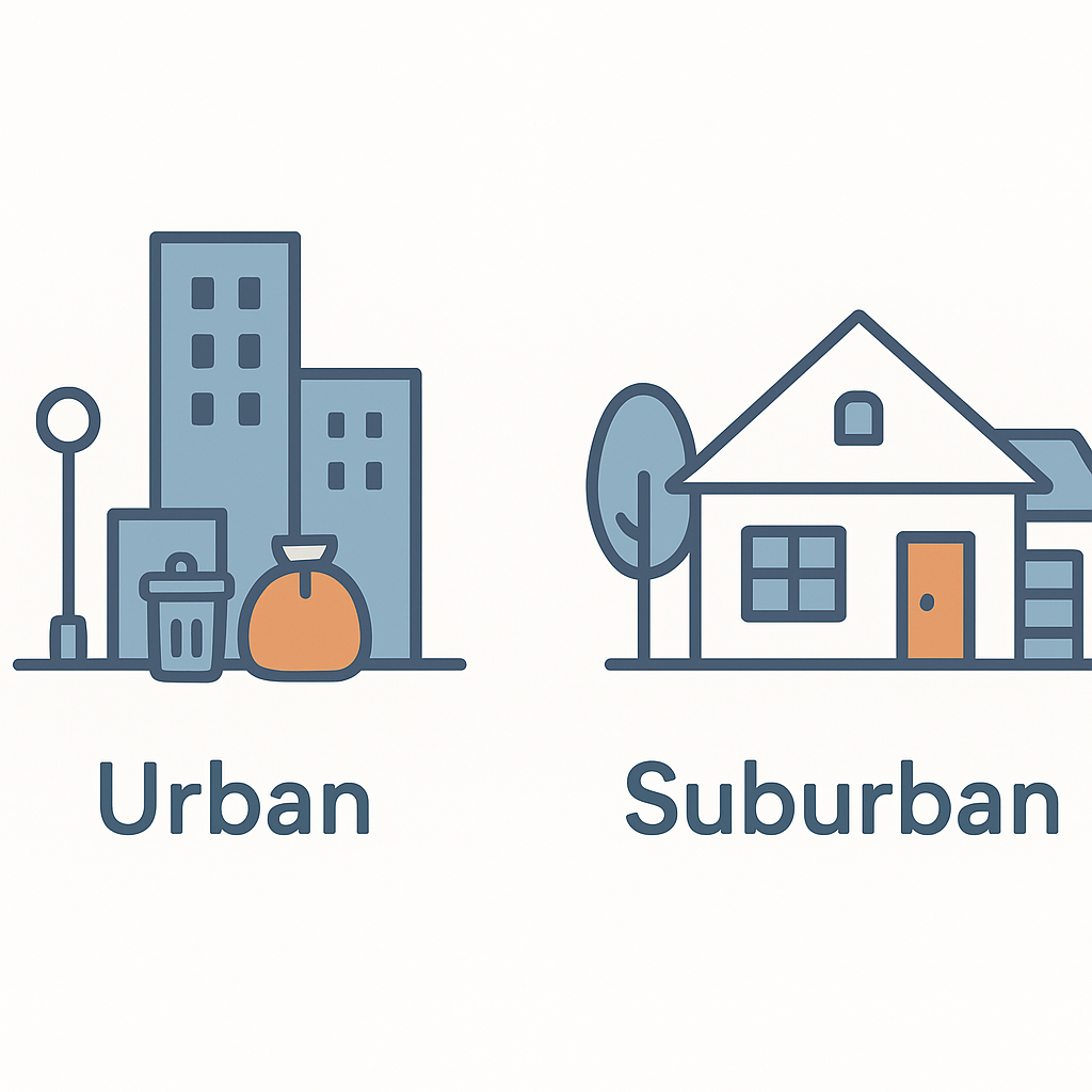 Illustration comparing urban curbside disposal versus suburban garage accumulation